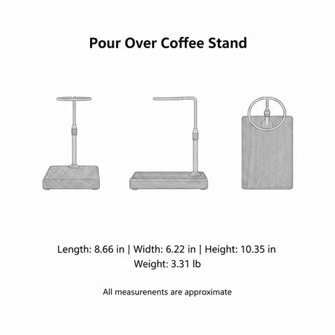 Sleek Pour Over Coffee Stand With Aluminum Dripper Holder And Solid Wood Base for manual brewing station dimensions and details.