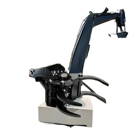 Professional Grade Heavy Duty Hydraulic Rotating Tree Shear Excavator Attachment Universal Mount side view with sharp claws for yard trimming.