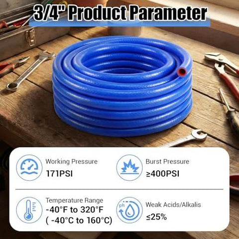 Front view of blue silicone heater hose, 3/4 in ID, 10 ft coil, reinforced for vehicle cooling systems.