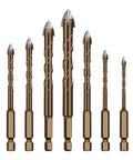 Badass Hole Saw Drill Bit Set Spanning 3 To 12 Millimeters showing seven alloy drill bits with twist designs, suitable for various surfaces.