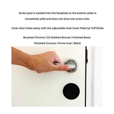 Door Knob Filler Plate For Old Holes, Dummy Deadbolt Cover With No Show Screws, 2 5/8 Inch Diameter, in door installation view