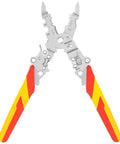 No Sweat Folding Wire Stripper Crimper 14 In 1 Multifunctional Pliers with insulated red and yellow handles for electricians.