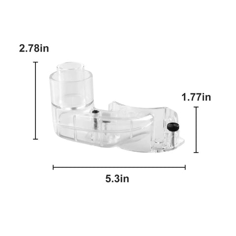 Side view of DEWALT DWP611 Router Dust Collection Adapter Turns Your Fixed Base Into A Slick Dust Collector System Reducing Debris While Routing And Plunge Cuts Compatible With DWP611 And DWP611PK with dimensions: 5.3in length, 2.78in height, 1.77in width.