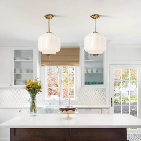 Straight Up Vintage Milk Glass Ceiling Light Fixture With Antique Brass Dome Shade Swoon Worthy Farmhouse And Schoolhouse Style Pendant Lamp 9 Inch Wide over kitchen island.
