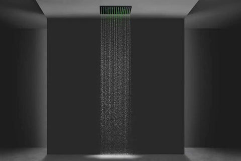 Top Shelf 16 Square Led Shower System With Brushed Nickel Thermostatic Controls For Rainfall Mist And Handheld Sprayers Heavy Duty Stainless Steel Frame With Temp Sensing Color Lights waterfall feature in a modern shower setting.