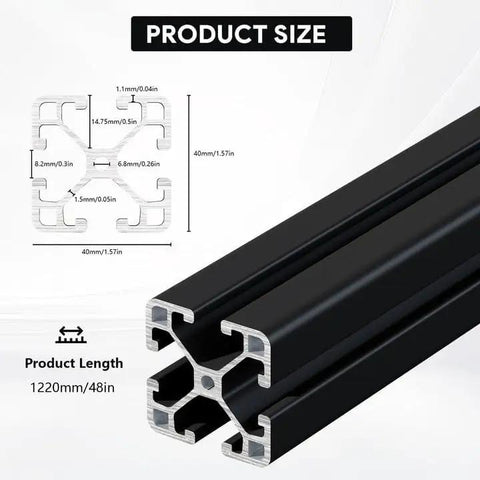 Four Pack 4040 T Slot Aluminum Extrusion Profiles In Anodized Black, 40x40mm, 1220mm length, diagram of cross-section and dimensions