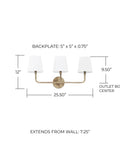 Dawson White Fabric Stay-Straight Shade Bath Vanity Light 3-Light Wall Mount In Aged Brass with dimensions shown