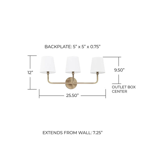 Dawson White Fabric Stay-Straight Shade Bath Vanity Light 3-Light Wall Mount In Aged Brass with dimensions shown