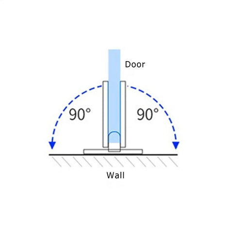Heavy Duty Frameless Shower Door Hinges For Tempered Glass Doors Pro Grade Steel Pivot Pin shown with 90 degree swing illustration.