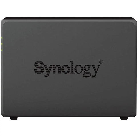 Front view of a Synology DiskStation, a badass desktop network attached storage server boasting AMD Ryzen processor and 32 gigabytes memory coupled to 16 terabyte drives.