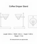Premium Heavy Duty Copper Alloy Pour Over Coffee Dripper Stand dimensions with weighted stable cone filter holder.