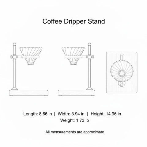 Premium Heavy Duty Copper Alloy Pour Over Coffee Dripper Stand dimensions with weighted stable cone filter holder.