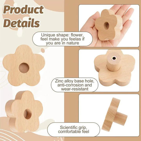 Flower Shaped Wooden Knobs Set Of 6 Natural Beech Wood Drawer Handles With Single Hole For Drawers, shown in hand and side view