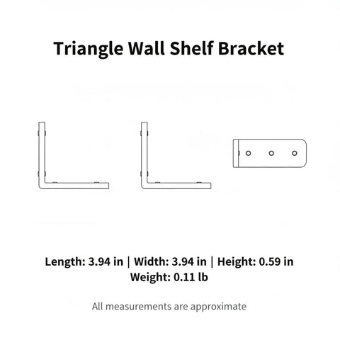 Diagram of Floating Shelf Triangle Bracket in cold-rolled steel, 3.94 inch footprint, 0.59 inch thick, hidden hardware under shelf mount.