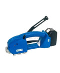 Semi Automatic Portable Strapping Machine, Brushless Motor Plastic Hot Melt Bundling Tensioner, blue handheld tool with battery.