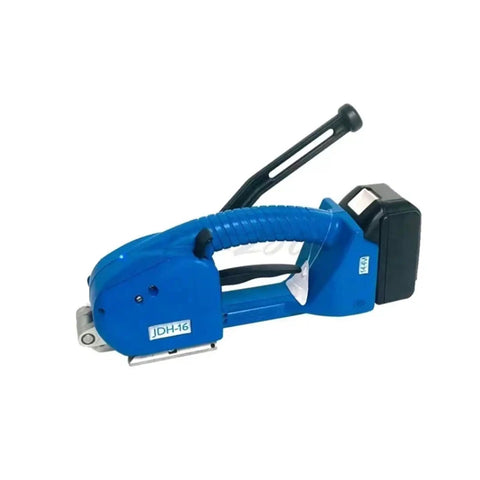 Semi Automatic Portable Strapping Machine, Brushless Motor Plastic Hot Melt Bundling Tensioner, blue handheld tool with battery.
