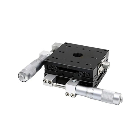 Pro Grade 100x100mm Manual Linear Stage with LY100-R LY100-L LY100-C displacement platform, black tabletop, two silver micrometers visible.