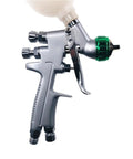 Pro Grade Mini Pneumatic Paint Spray Gun With HVLP Airbrush Setup And One Point Two Millimeter Nozzle showing side profile and controls.