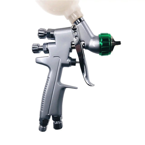 Pro Grade Mini Pneumatic Paint Spray Gun With HVLP Airbrush Setup And One Point Two Millimeter Nozzle showing side profile and controls.
