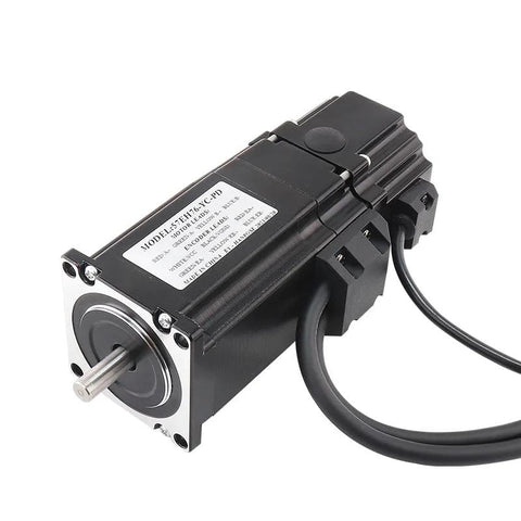 Servo motor 57EH76-YC-PD with CL57-BK driver; black metal body with front flange, shaft, and cables