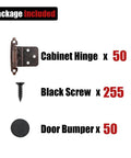 Three Eighths Inch Inset Cabinet Door Hinges Matte Black 50 Pack package includes hinges, screws, and bumpers.