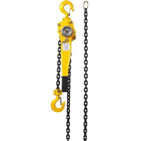 Heavy Duty Ratchet Lever Chain Hoist 3 Ton 6600 Lbs Capacity with yellow handle, black chain and secure locking hooks.