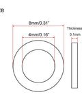 Diagram showing Ultra Thin Stainless Steel Flat Washer Set For M4 Screws, 8mm Outer Diameter, 0.1mm thick dimensions.
