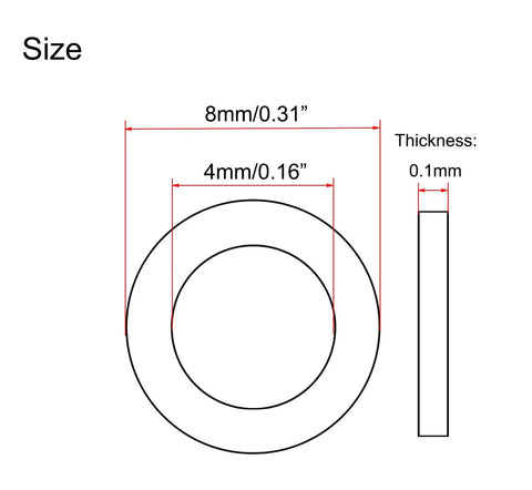 Diagram showing Ultra Thin Stainless Steel Flat Washer Set For M4 Screws, 8mm Outer Diameter, 0.1mm thick dimensions.