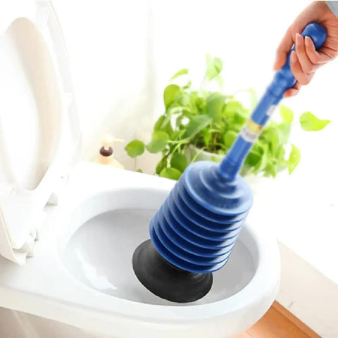 Heavy Duty Bad Boy Manual Toilet Plunger With Vacuum Suction Cup For Deep Pipe Dredging And Stubborn Drain Clogs in use at toilet bowl.