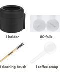 Refill Kit For Nespresso VertuoLine Pods With Reusable Capsule Holder, 80 Foil Seals, Brush, And Scoop - Easy Twist-On Lid