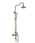 Antique Brass Exposed Shower System with Tub Spout 90° Rotating with a retro carved design and handheld shower.