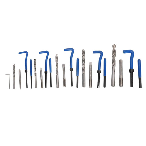 Jiawu 131 Piece Metric Thread Repair Kit With Sturdy Helicoil Tools For Auto Jobs, Includes M5 To M12 Inserts, Taps, Drill Bits And Wrench So You Can Totally Fix Stripped Bolts Easy Peasy Like Sunday Morning. Metric taps, drill bits, and wrench set on white