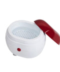 Portable Ultrasonic Denture And Retainer Cleaner Case With Automatic Wash Feature And Built In Filter For Glasses Jewelry And False Teeth, compact design with lid.