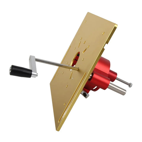 Heavy Duty Aluminum Router Lift For Top Shelf Woodworking Tables Featuring Smooth Manual Crank 0 To 47 Mm Height Adjustment And Boss Tier Clamping Base In Clean Gold Finish with red adjustment mechanism.