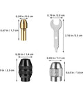 Copper Collet Chuck Set With Nut For Grinders And Drill Presses, 32 Piece Die Collet Kit, dimensions of components shown.