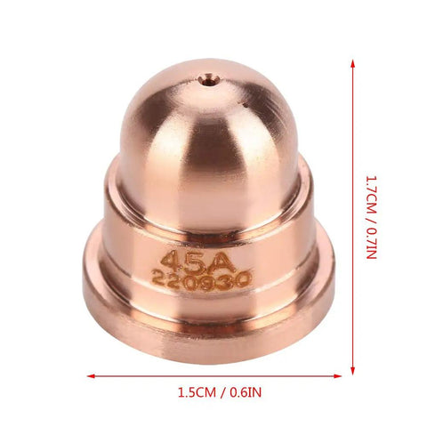 Top Shelf 5pcs Copper Plasma Torch Nozzles High Performance Consumables For Cutting Machine Made Of Premium Metal For Stainless Steel And Iron Works Durable And Reliable Gear, close-up of a copper plasma torch nozzle measuring 1.7cm.