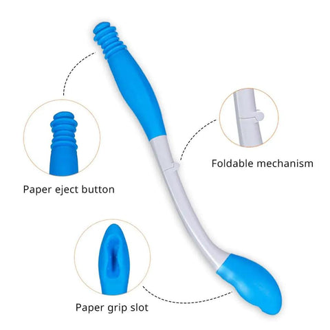 Foldable Long Reach Wiper For Self Wipe Aid Bottom Wiping Wand With Ergonomic Handle showing blue grip and foldable mechanism.