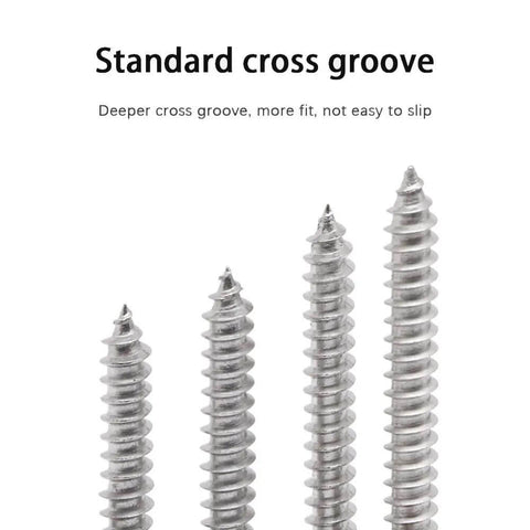 Close-up of 304 stainless steel screws with standard cross groove for Heavy Duty 304 Stainless Steel Wood And Metal Screw Kit With 450Pcs Self Tapping Phillips Countersunk Flat Head Screws M3 M4 M5 Assorted Sizes For Wood Metal And Diy Projects.
