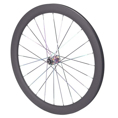 Beefy 50mm Carbon Fiber Road Wheelset With Center Lock Disc Brakes shown in side view with 24 spokes, tubeless ready rim.