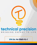 Logo for Technical Precision Lighting Systems, featuring a stylized light bulb design and the text 'Bringing Energy To Life'. EPA 97601-FL-1.