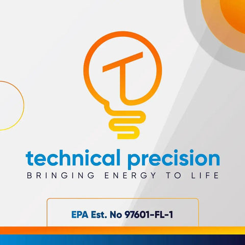 Logo for Technical Precision Lighting Systems, featuring a stylized light bulb design and the text 'Bringing Energy To Life'. EPA 97601-FL-1.