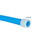 Close-up of blue PEX-A tubing with stop end, part of Half Inch Pex A Tubing Bundle 200 Ft Red And Blue With Brass Expansion Fittings Elbow Tee Coupler Pack Of 30, 100 Expansion Rings, Pipe Cutter For Easy DIY Plumbing Install.