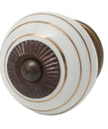 100 Pack Ceramic Drawer Knobs With Sleek White Stripe Design For Kitchen Cabinet Pulls and Dresser Handles, round shape with bronze detail.