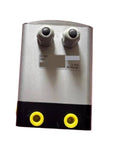 Front view of electric proportional valve, silver metal housing with dual top fittings and yellow port covers