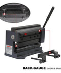 Compact 8 Inch Manual Sheet Metal Shear And Brake Combo For 20 Gauge Steel 90 Degree Bends with back-gauge view