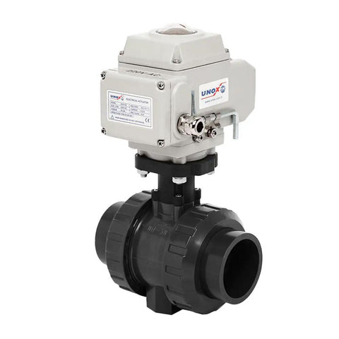 Motorized UPVC Ball Valve With Electric Actuator 24V DC, 4 Inch 110mm, Threaded, 16 Bar, IP67, For Water Air And Liquids, HVAC System Ready, Built Tough For Easy Install, Corrosion Resistant And Reliable Performance, CE NSF ANSI black UPVC valve with electric actuator