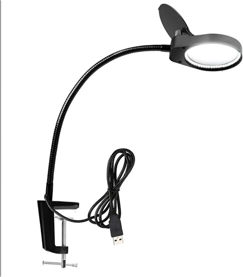 Clip On LED Magnifying Glass Lamp with 3X to 10X Magnification, flexible gooseneck arm, USB connection, ideal for PCB inspections and DIY projects