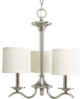 Inspire Collection 3 Light Chandelier In Antique Bronze With Waving Metal Arms And Off White Linen Shades, Ceiling Chain Mount