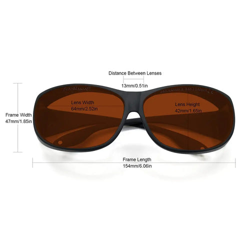 Tough as Nails Laser Safety Glasses with OD 6 Plus Shielding Covering 190nm to 1100nm for 405nm 450nm 532nm 808nm 980nm 1064nm 1080nm and 1100nm Lasers Professional Protective Eyewear front view with size dimensions