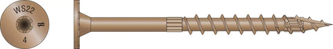 Hardcore Exterior Grade Timber Screws Four Inch Heavy Duty Wood Fasteners With Double Barrier Coating And Wide Washer Head Built Like A Tank For Rough Job Sites And Drives Dead Nuts Tight Pack Of Fifty view of screw detail with wide washer head and sawtooth tip.